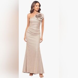 Betsy & Adam One-Shoulder Champagne-Gold Evening Gown with Floral Accent